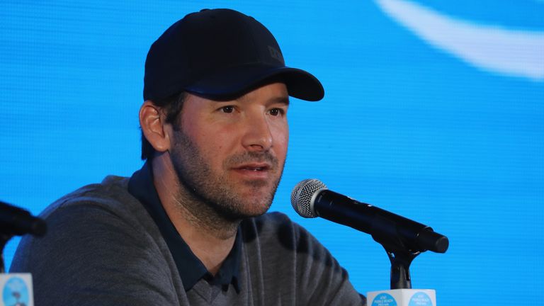 PEBBLE BEACH, CA - FEBRUARY 07:  Tony Romo addresses the media ahead of the AT&T Pebble Beach Pro-Am on the Pebble Beach Golf Links on February 7, 2018 in 