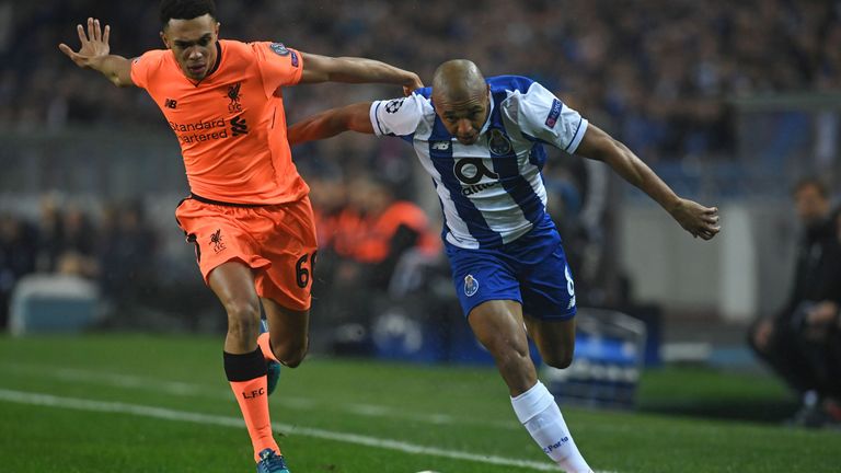 Trent Alexander-Arnold vies with Porto's Yacine Brahimi