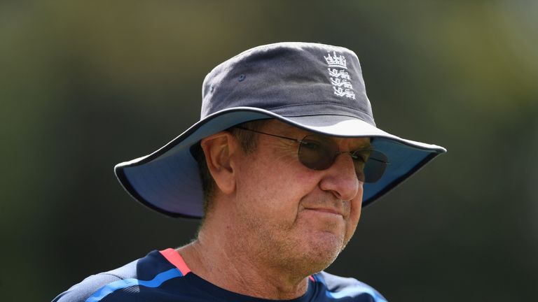 HAMILTON, NEW ZEALAND - FEBRUARY 17:  England coach Trevor Bayliss looks on during England Cricket nets at Seddon park ahead of their T2O match against New