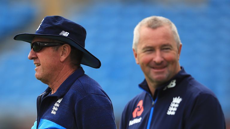 LEEDS, ENGLAND - MAY 22:  Trevor Bayliss, Coach of England looks on with Paul Farbrace during an England nets session at Headingley Carnegie on May 22, 201