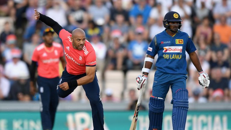 SOUTHAMPTON, ENGLAND - JULY 05:  Tymal Mills of England bowls during the Natwest International T20 match between England and Sri Lanka at Ageas Bowl on Jul