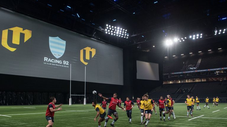 Racing 92's players gather during a training session at the club's stadium U Arena, equiped with a synthetic field, on December 6, 2017 in Nanterre near Pa