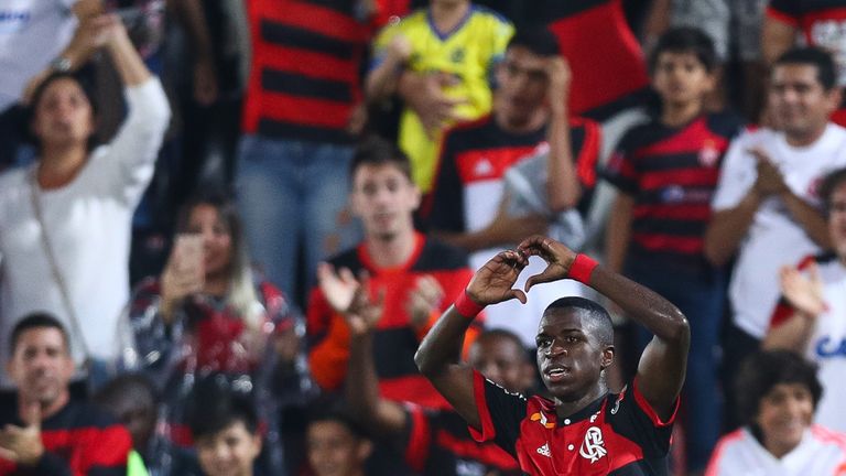 RIO DE JANEIRO, BRAZIL - AUGUST 19: Vinicius Junior of Flamengo celebrates a scored goal during a match between Flamengo and Atletico GO part of Brasileira