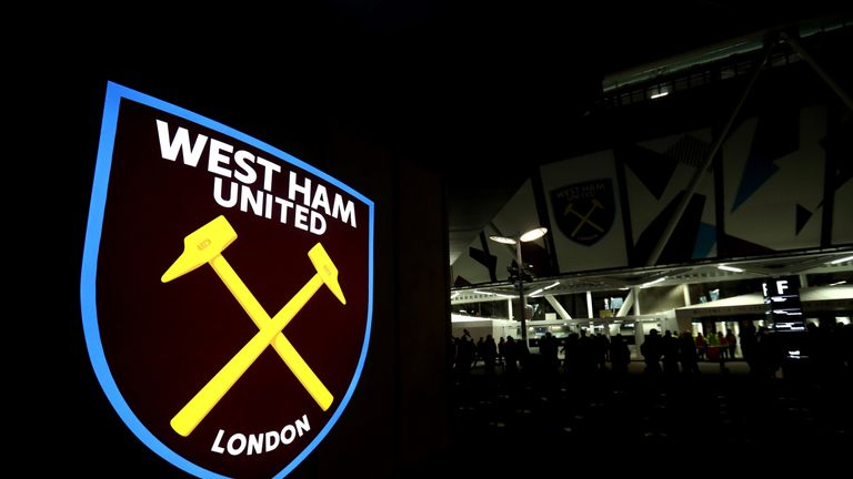 A general view of the West Ham United club badge outside London Stadium