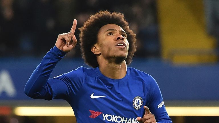 Chelsea's Brazilian midfielder Willian celebrates scoring the team's first goal during the English FA Cup fifth round football match between Chelsea and Hu