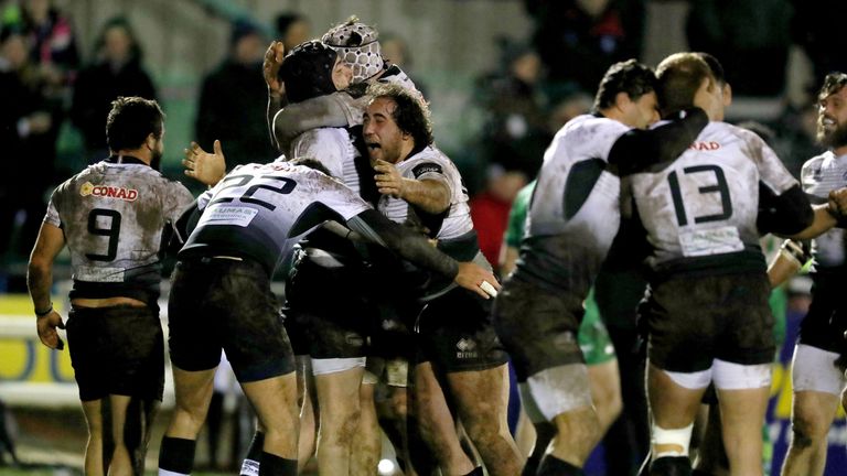 Guinness PRO14, The Sportsground, Galway 16/2/2018.Connacht vs Zebre.Zebre players celebrate after the game.Mandatory Credit ..INPHO/Bryan Keane