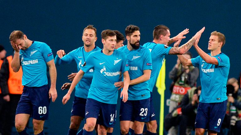  Zenit players celebrate a goal during the Europa League round of 32 second leg
