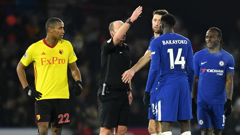Tiemoue Bakayoko of Chelsea is sent off by referee, Mike Riley during the Premier League match against Watford.