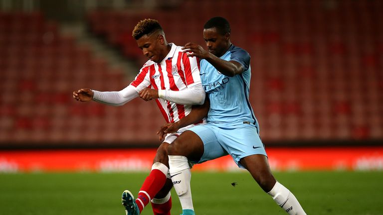 Tyrese Campbell of Stoke City battles with Sadou Diallo of Manchester City during the FA Youth Cup semi-final in April 2017