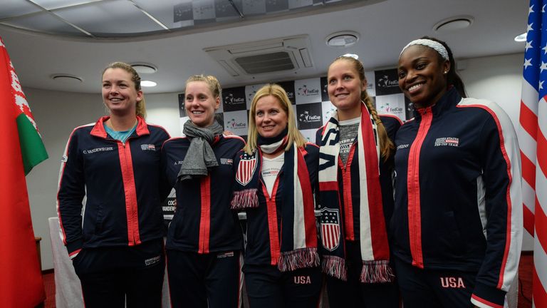 The USA squad which won the Fed Cup in 2017 (l-r):  Coco Vandeweghe, Alison Riske, Kathy Rinaldi (skipper), Shelby Rogers and Sloane Stephens