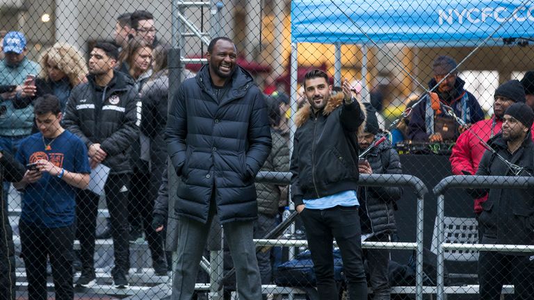 Patrick Vieira and David Villa share a joke at the Rockefeller Center. Pic: NYCFC