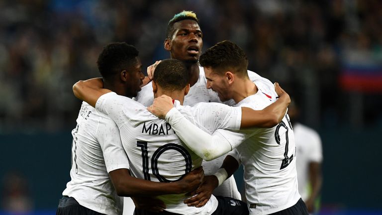 Paul Pogba and team-mates celebrate Kylian Mbappe's opening goal