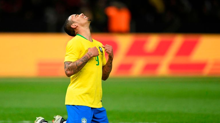 Gabriel Jesus celebrates after opening the scoring for Brazil