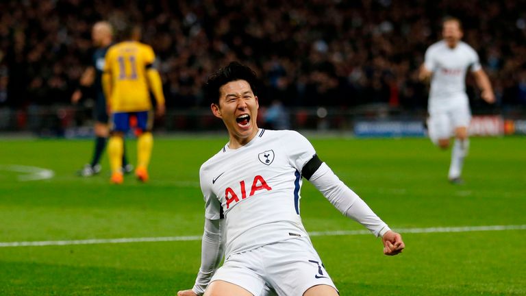 Heung-Min Son celebrates after giving Spurs the lead at Wembley