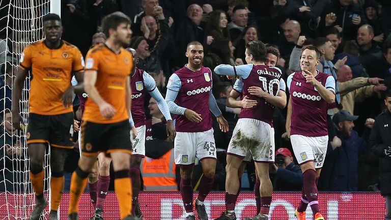 Aston Villa's James Chester celebrates scoring his side's second goal