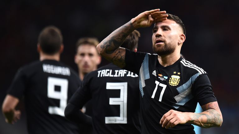 Nicolas Otmendi salutes the crowd after pulling a goal back for Argentina