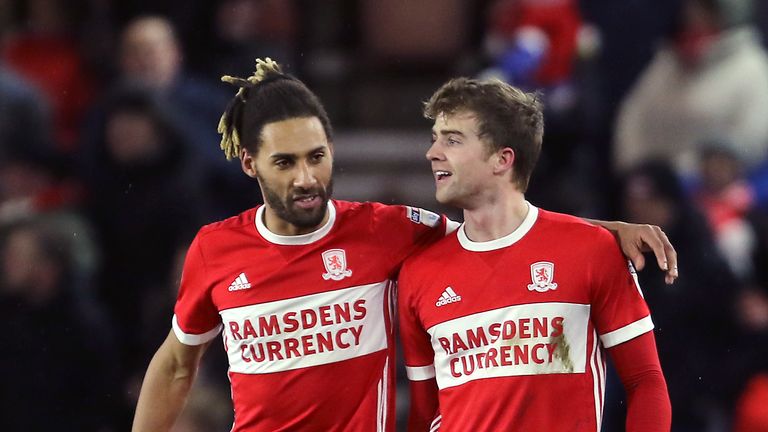 Patrick Bamford celebrates with team-mate Ryan Shotton 