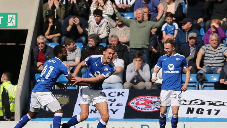 Sid Nelson of Chesterfield celebrates after scoring