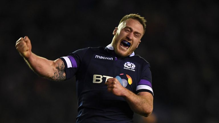 Stuart Hogg celebrates Scotland's victory over England