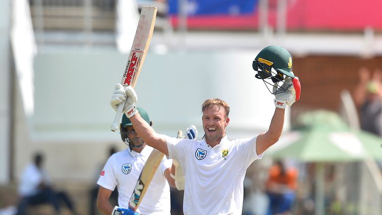 PORT ELIZABETH, SOUTH AFRICA - MARCH 11: AB de Villiers of South Africa celebrates scoring 100 runs during day 3 of the 2nd Sunfoil Test match between South Africa and Australia at St Georges Park on March 11, 2018 in Port Elizabeth, South Africa. (Photo by Ashley Vlotman/Gallo Images)
