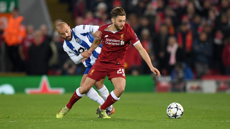 Adam Lallana in action during the UEFA Champions League Round of 16 Second Leg match between Liverpool and FC Porto at Anfield on March 6, 2018