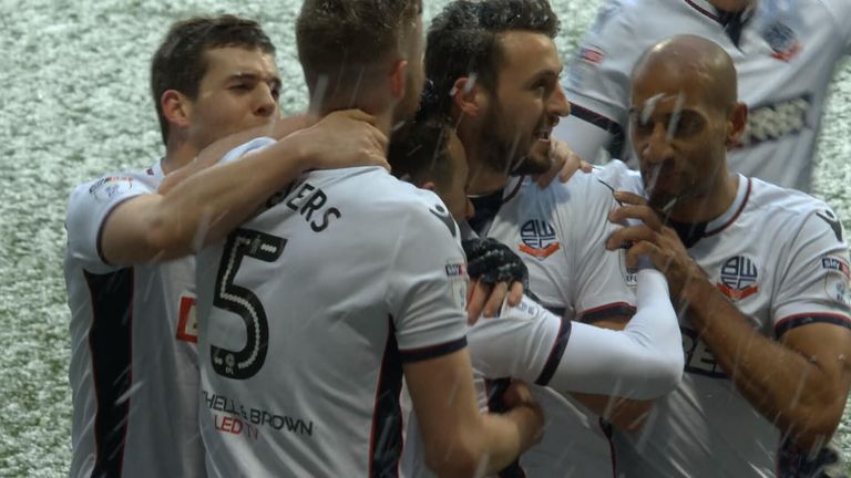 Adam Le Fondre celebrates his goal for Bolton with team-mates v Aston Villa, Sky Bet Championship (screengrab)