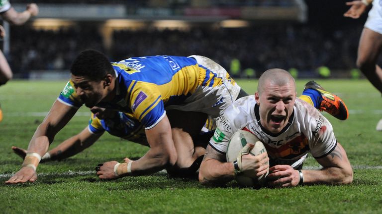 Bradford Bulls' Adam Sidlow goes over to score a try in the final seconds during the Super League match at Leeds