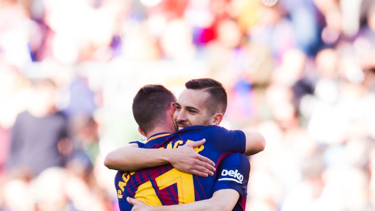 Paco Alcacer and Jordi Alba celebrate Barcelona's opening goal