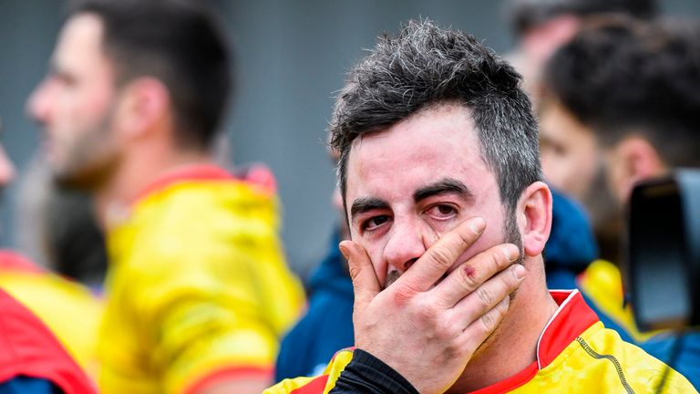 Spain's Alberto Blanco reacts after losing 18-10 to Belgium during the Rugby World Cup 2019 European Qualifier in Brussels