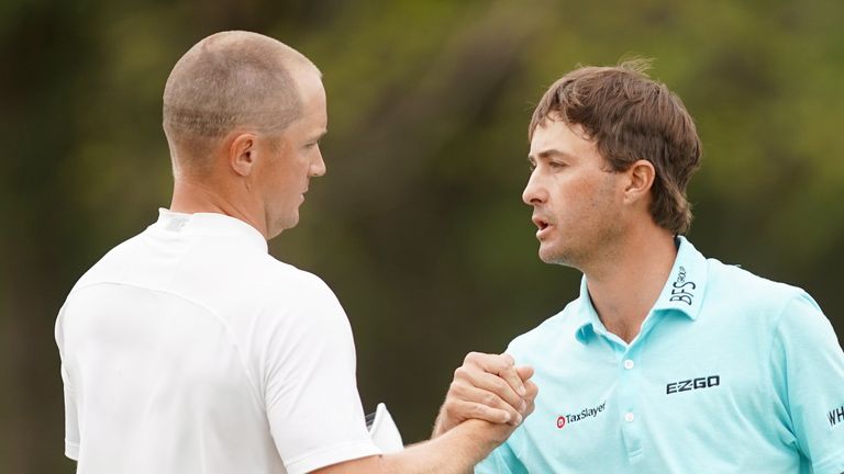 Alex Noren and Kevin Kisner during the semifinal round of the World Golf Championships-Dell Match Play at Austin Country Club on March 25, 2018 in Austin, Texas.