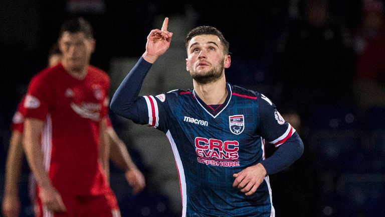 Alex Schalk celebrates one of his ten goals in all competitions for Ross County this season. 