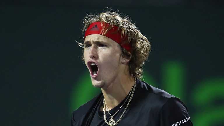 Alexander Zverev of Germany celebrates match point against Borna Coric of Croatia in their quarterfinal match during the Miami Open Presented by Itau at Crandon Park Tennis Center on March 29, 2018 in Key Biscayne, Florida
