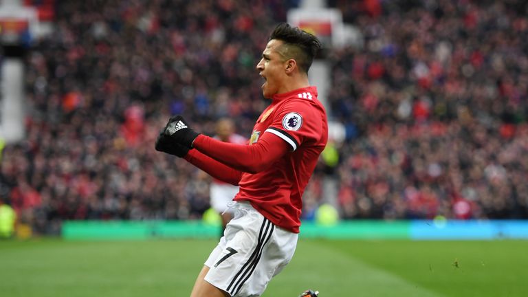 Alexis Sanchez doubles Manchester United's lead during the Premier League match against Swansea City at Old Trafford on March 31, 2018
