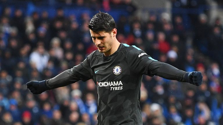 Alvaro Morata of Chelsea celebrates as he scores their first goal during The Emirates FA Cup Quarter Final match between Leicester City and Chelsea at The King Power Stadium on March 18, 2018 in Leicester, England