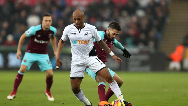 during the Premier League match between Swansea City and West Ham United at Liberty Stadium on March 3, 2018 in Swansea, Wales.