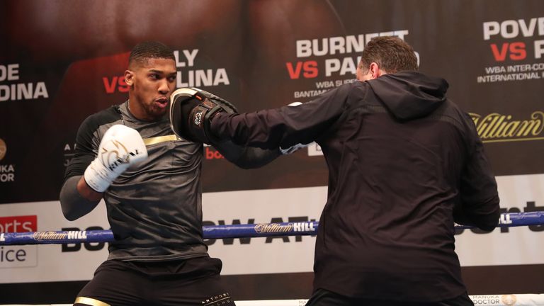 JOSHUA -PARKER PROMOTION.OPEN WORK OUTS.ST DAVIDS HALL,.CARDIFF,WALES.PIC LAWRENCE LUSTIG.WBA,IBF AND IBO HEAVYWEIGHT CHAMPION ANTHONY JOSHUA PERFORMS A WORKOUT AHEAD OF HIS FIGHT ON EDDIE HEARNS MATCHROOM PROMOTION AT THE PRINCIPALITY STADIUM, CARDIFF ON SATURDAY(MARCH 31ST)