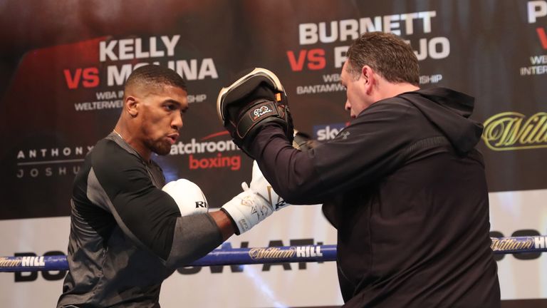JOSHUA -PARKER PROMOTION.OPEN WORK OUTS.ST DAVIDS HALL,.CARDIFF,WALES.PIC LAWRENCE LUSTIG.WBA,IBF AND IBO HEAVYWEIGHT CHAMPION ANTHONY JOSHUA PERFORMS A WORKOUT AHEAD OF HIS FIGHT ON EDDIE HEARNS MATCHROOM PROMOTION AT THE PRINCIPALITY STADIUM, CARDIFF ON SATURDAY(MARCH 31ST)