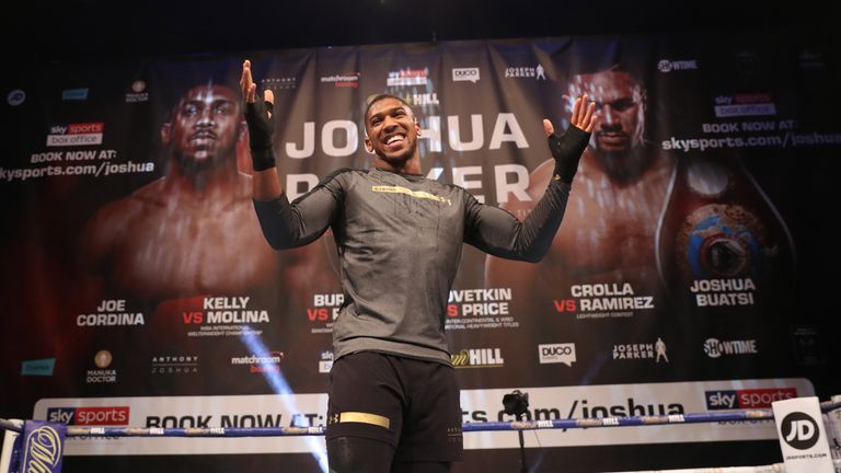 JOSHUA -PARKER PROMOTION.OPEN WORK OUTS.ST DAVIDS HALL,.CARDIFF,WALES.PIC LAWRENCE LUSTIG.WBA,IBF AND IBO HEAVYWEIGHT CHAMPION ANTHONY JOSHUA PERFORMS A WORKOUT AHEAD OF HIS FIGHT ON EDDIE HEARNS MATCHROOM PROMOTION AT THE PRINCIPALITY STADIUM, CARDIFF ON SATURDAY(MARCH 31ST)