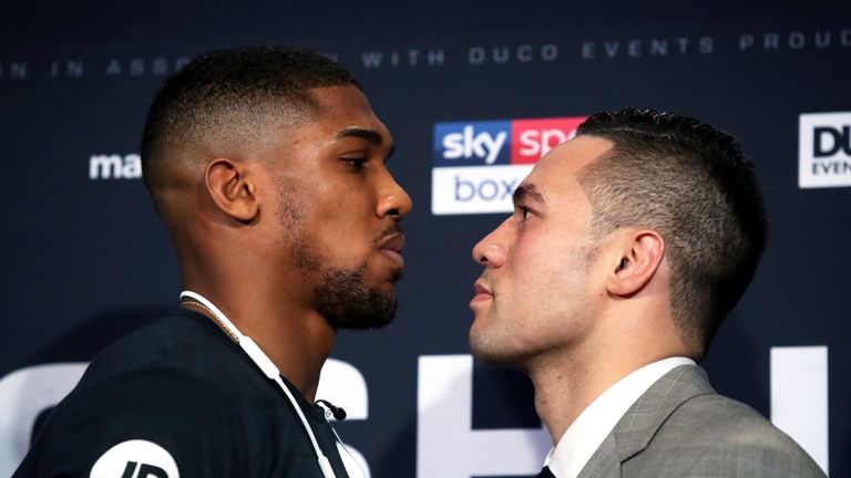 Anthony Joshua and Joseph Parker face off during a press conference held at Sky Sports Studios