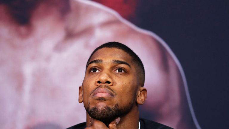 Anthony Joshua during his press conference with Joseph Parker at Sky on March 27, 2018