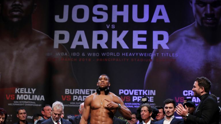 Anthony Joshua during the weigh in at the Motorpoint Arena, Cardiff. PRESS ASSOCIATION Photo. Picture date: Friday March 30, 2018. See PA story BOXING Cardiff. Photo credit should read: Nick Potts/PA Wire