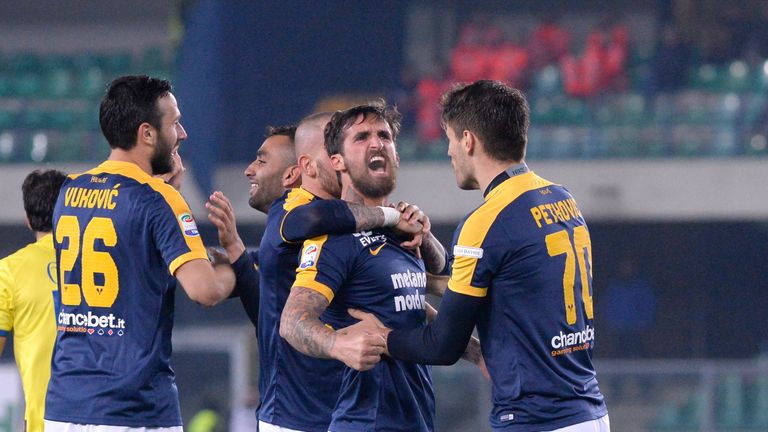 Antonio Caracciolo celebrates scoring for Hellas Verona against Chievo