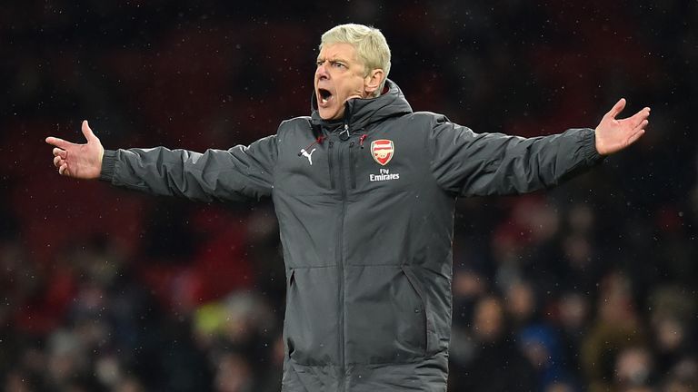 Arsene Wenger gestures on the touchline during the Premier League match between Arsenal and Manchester City at the Emirates Stadium in London on March 1, 2018