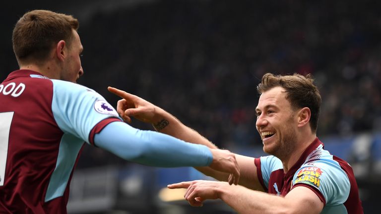 Ashley Barnes celebrates his equaliser during the Premier League match between Burnley and Everton at Turf Moor on March 3, 2018
