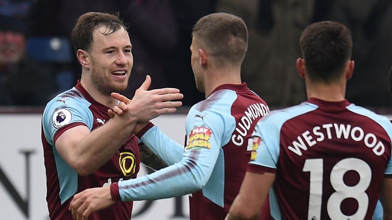 Ashley Barnes celebrates his equaliser with teammates during the Premier League match between Burnley and Everton at Turf Moor on March 3, 2018