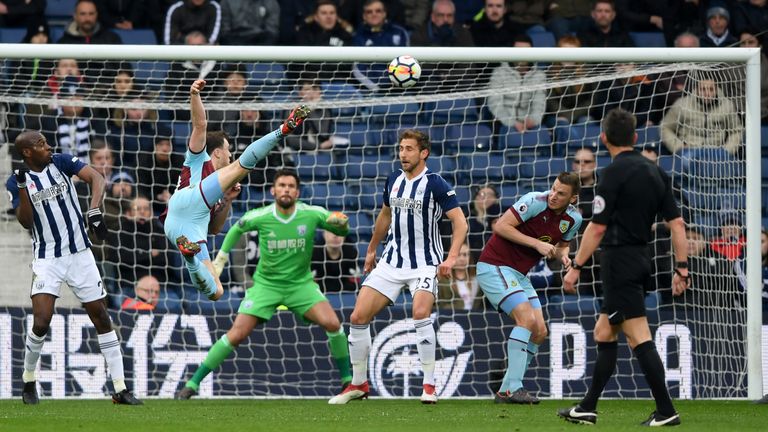 Ashley Barnes makes it 1-0 with an acrobatic volley at The Hawthorns