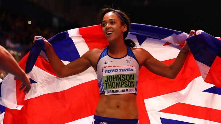 Katarina Johnson-Thompson celebrates winning gold in the pentathlon at the World Indoor Championships