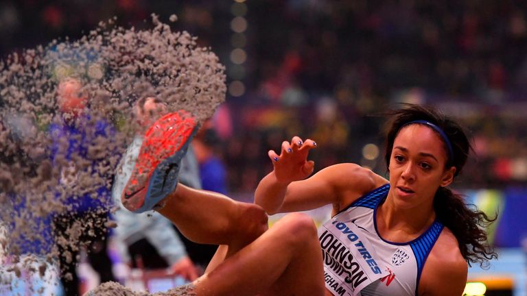 Katarina Johnson-Thompson competing in the long jump in the pentathlon at the World Indoor Championships