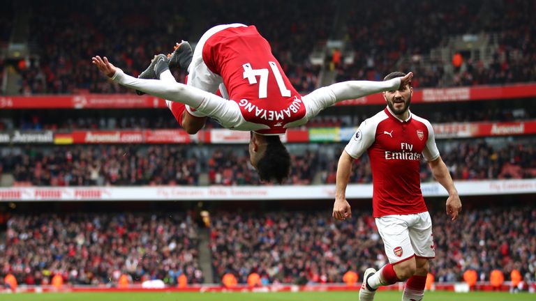 Pierre-Emerick Aubameyang celebrates scoring Arsenal's second goal against Watford