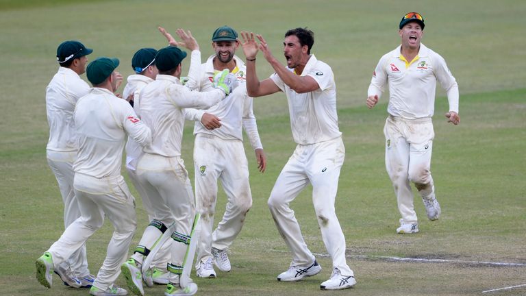 DURBAN, SOUTH AFRICA - MARCH 04: Mitchell Starc of Australia celebrates the wicket of Kagiso Rabada of the Proteas during day 4 of the 1st Sunfoil Test match between South Africa and Australia at Sahara Stadium Kingsmead on March 04, 2018 in Durban, South Africa. (Photo by Lee Warren/Gallo Images)